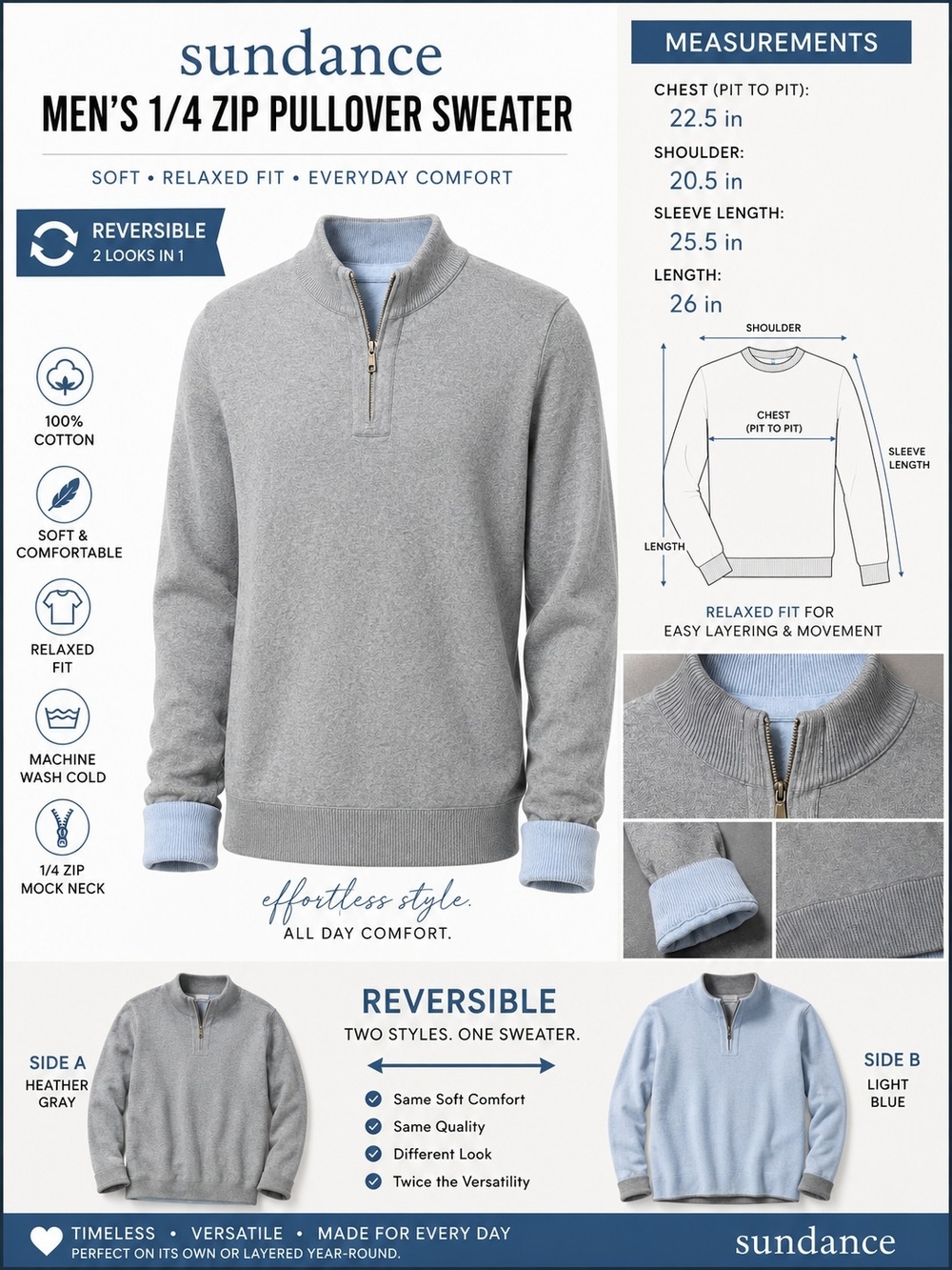 sundance Men's Reversible 1/4 Zip Pullover Sweater - Heather Gray/Light Blue